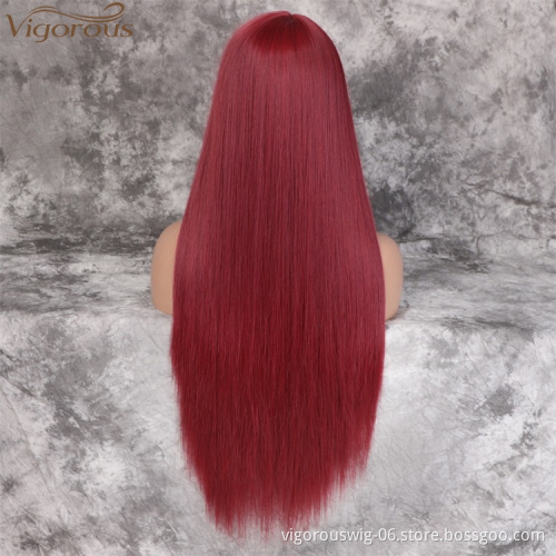 Vigorous Long Straight Wig with Bangs Wine Red Color Synthetic Hair Wigs for Women Heat Resistant Fiber Wholesale Price